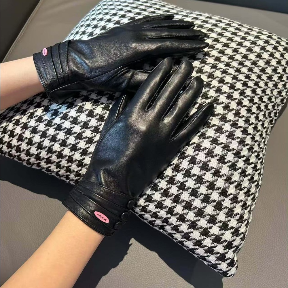 Miu Miu Black Leather Gloves with Pink Detail